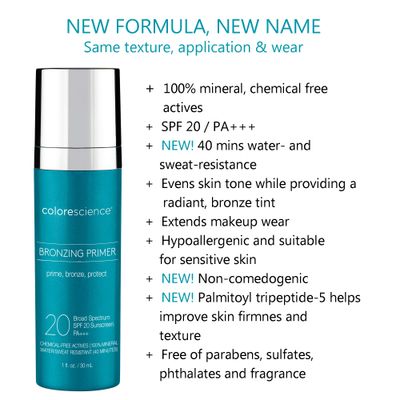Colorescience Bronzing Primer SPF 20, Water Resistant Mineral Sunscreen, Broad Spectrum SPF 20 UVA/UVB Skin Protection, 1 Fl Oz (Pack of 1)