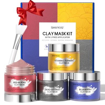 4 Pcs Clay Mask Set, Vitamin C Turmeric Facial Mask, Dead Sea Mud Mask, Blueberry &amp; Red Beans Clay Mask, Face Masks Skincare for Deep Cleansing, Refining Pores, Moisturizing 320g