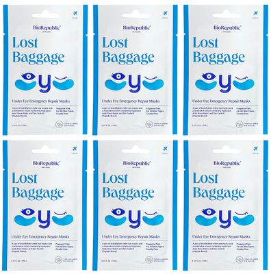 BioRepublic Skin Care Lost Baggage Biocellulose Under-Eye Emergency Repair Masks with Revitalizing Serum, for All Skin Types - 1 Pair, Pack of 6