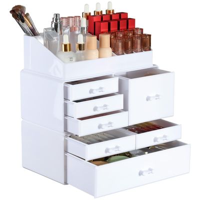 Cq acrylic White Makeup Storage Organizer Drawers Skin Care X Large Cosmetic Display Cases Stackable Storage Box With 7 Drawers For Dresser,Pack of 1