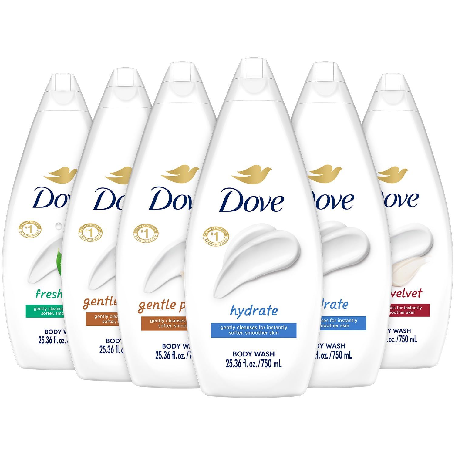 Dove Body Wash Value-Size Variety 6-Pack - Hydrate, Gentle Pamper, Fresh Care, and Silky Velvet, Family Size, 25.36 Oz Ea