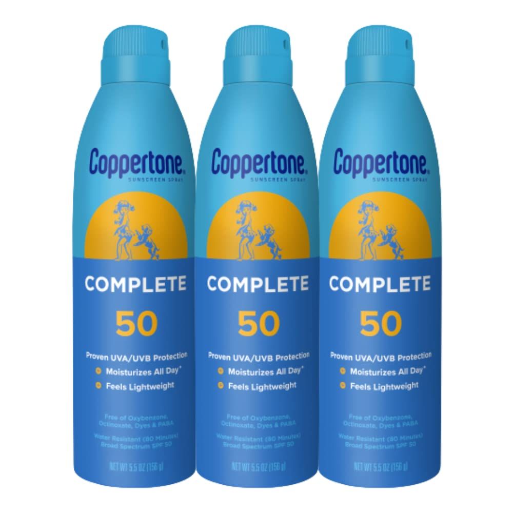 Coppertone COMPLETE SPF 50 Sunscreen Spray, Lightweight, Moisturizing Sunscreen Pack, Water Resistant Spray Sunscreen SPF 50, 5.5 Oz Spray, Pack of 3