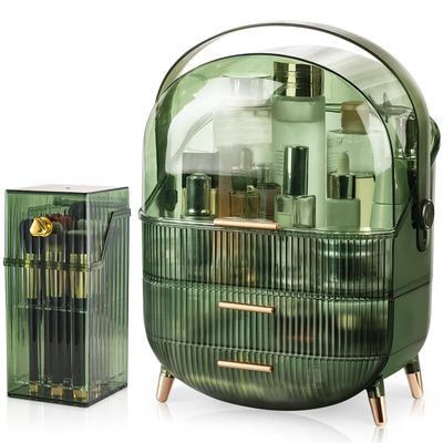 CANITORON Makeup Organizer,Large Capacity Skincare Organizer for Vanity,Cosmetic Organizer with 2 Drawers and Makeup Brush Holder for Bedroom Countertop and Bathroom Countertop Storage.(LGreen)