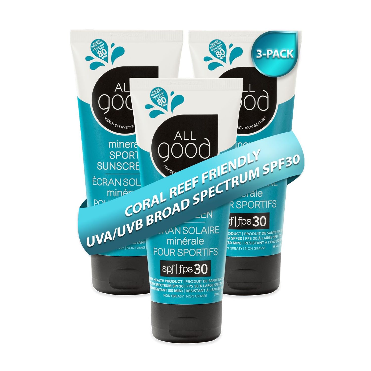 All Good Sport Mineral Sunscreen Lotion - Coral Reef Friendly, Water &amp; Sweat Resistant, Face &amp; Body, UVA/UVB Broad Spectrum SPF 30+ (3 oz)(3-Pack)