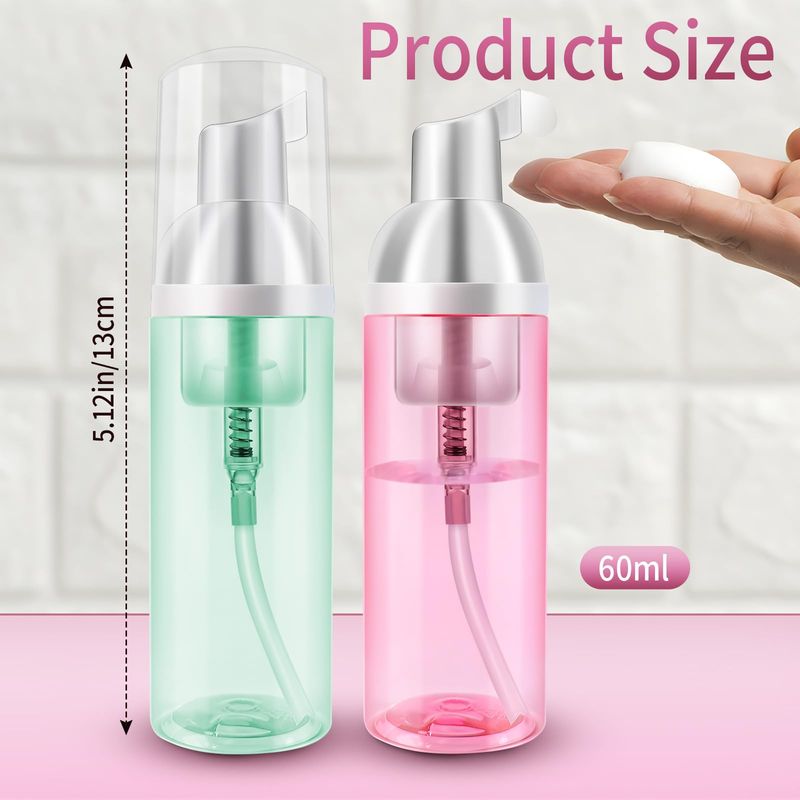 2 Pack Travel Foam Pump Bottle 60 ml/2 oz - Small Size Foam Spray Bottle &amp; Pump Bottle Dispenser for Face Wash, Lash Shampoo, Skin Care - Clear Plastic Mini Empty Refillable Containers