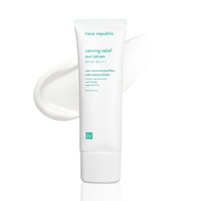 Face Republic Calming Relief Sun Lotion 50ml 1.69 fl oz | SPF50+ Broad Spectrum UV Protection | Mineral Filter for Sensitive Skin | Cottony Finish | Reef Safe | Non-sticky | Vegan Korean Skin Care