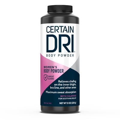 Certain Dri Body Powder for Women, Maximum Sweat Absorption, Moisture &amp; Odor Control, Itch-Free Foot and Body Powder, Talc-Free Formula, Gentle on Sensitive Skin, Calamine Scent, 8 oz