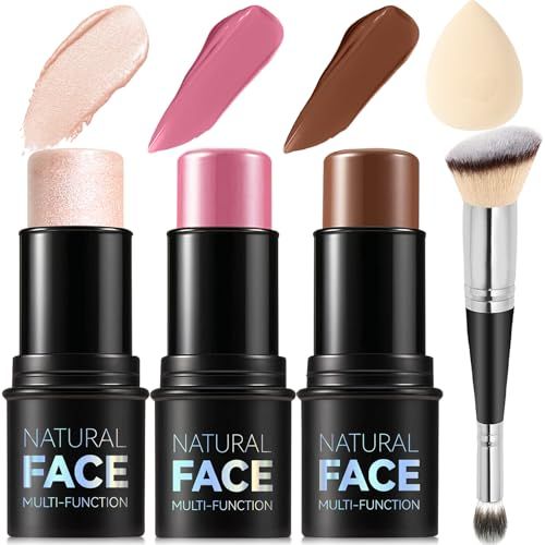 3Pcs Cream Contour Stick Makeup Kit, Shades with Highlighter Stick, Blush Stick and Bronzer Contour Stick for Sculpt the Cheeks, Long Lasting, Waterproof, Matte &amp; Dewy Finish (LIGHT MEDIUM)