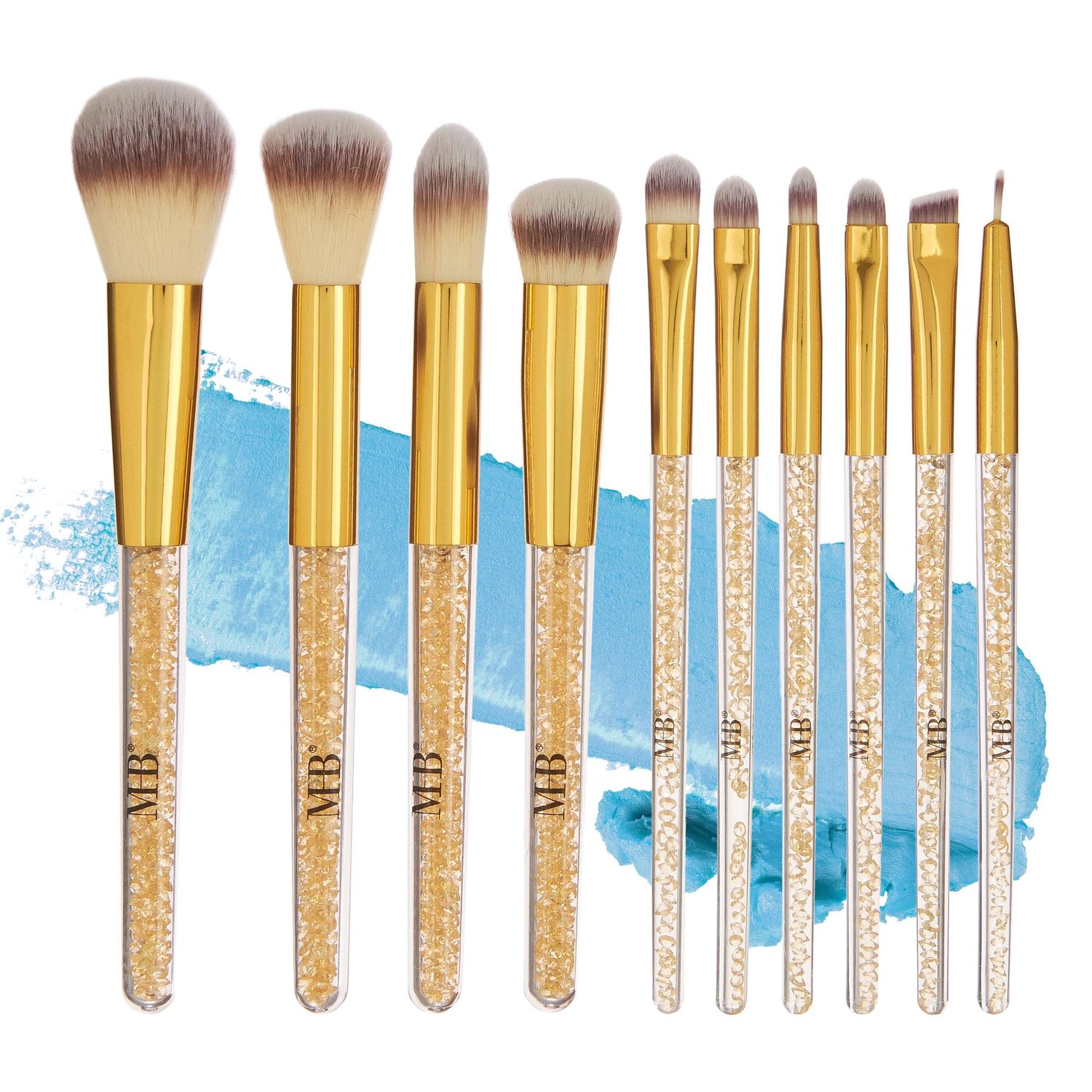 Expressions 10pc Pro Makeup Brush Set w/Sparkling Gemstones in Gold - 10 Quality Soft Bristle Makeup Brushes For Everyday Use - Professional Makeup Brushes &amp; Tools