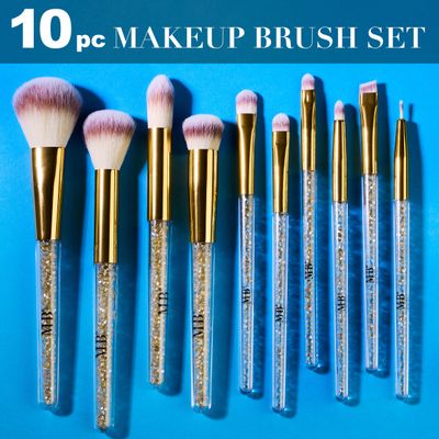 Expressions 10pc Pro Makeup Brush Set w/Sparkling Gemstones in Gold - 10 Quality Soft Bristle Makeup Brushes For Everyday Use - Professional Makeup Brushes & Tools