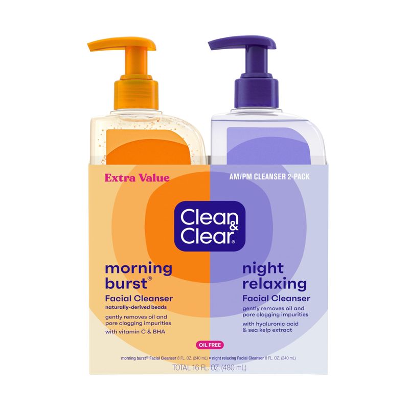 Clean &amp; Clear 2-Pack Oil-Free Facial Cleansers with Citrus Scent, Morning Burst and Night Relaxing, 16 oz