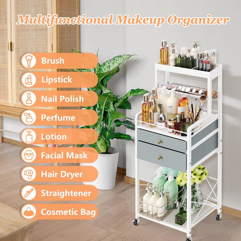 BEGULF Big Makeup Organizer and Storage, Floor Makeup Vanity Organizer with Drawers, 4 Tier Cosmetic Storage Organizer Stand, Makeup Cart Organizer with Wheels for Skin Care Storage (White)