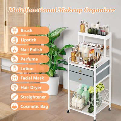 BEGULF Big Makeup Organizer and Storage, Floor Makeup Vanity Organizer with Drawers, 4 Tier Cosmetic Storage Organizer Stand, Makeup Cart Organizer with Wheels for Skin Care Storage (White)