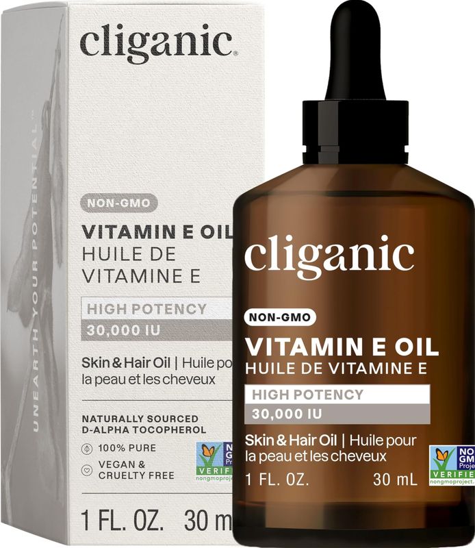 Cliganic 100% Pure Vitamin E Oil for Skin, Hair &amp; Face - 30,000 IU, Non-GMO Verified | Natural D-Alpha Tocopherol (Packaging May Vary)