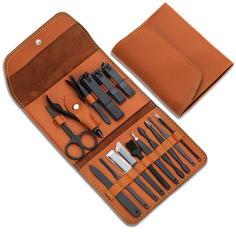 Gifts for Men/Women, Stainless Steel Manicure Set with PU Leather case, Personal Care Tool (Brown)