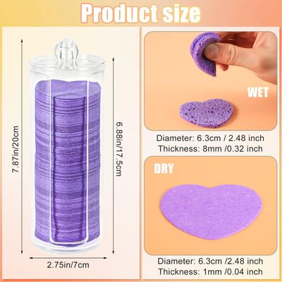 120pcs Facial Sponges, Compressed Facial Sponges with Container Heart Shape Face Sponges Sponge Pads for Face Cleaning Removing Makeup Exfoliating (Purple)