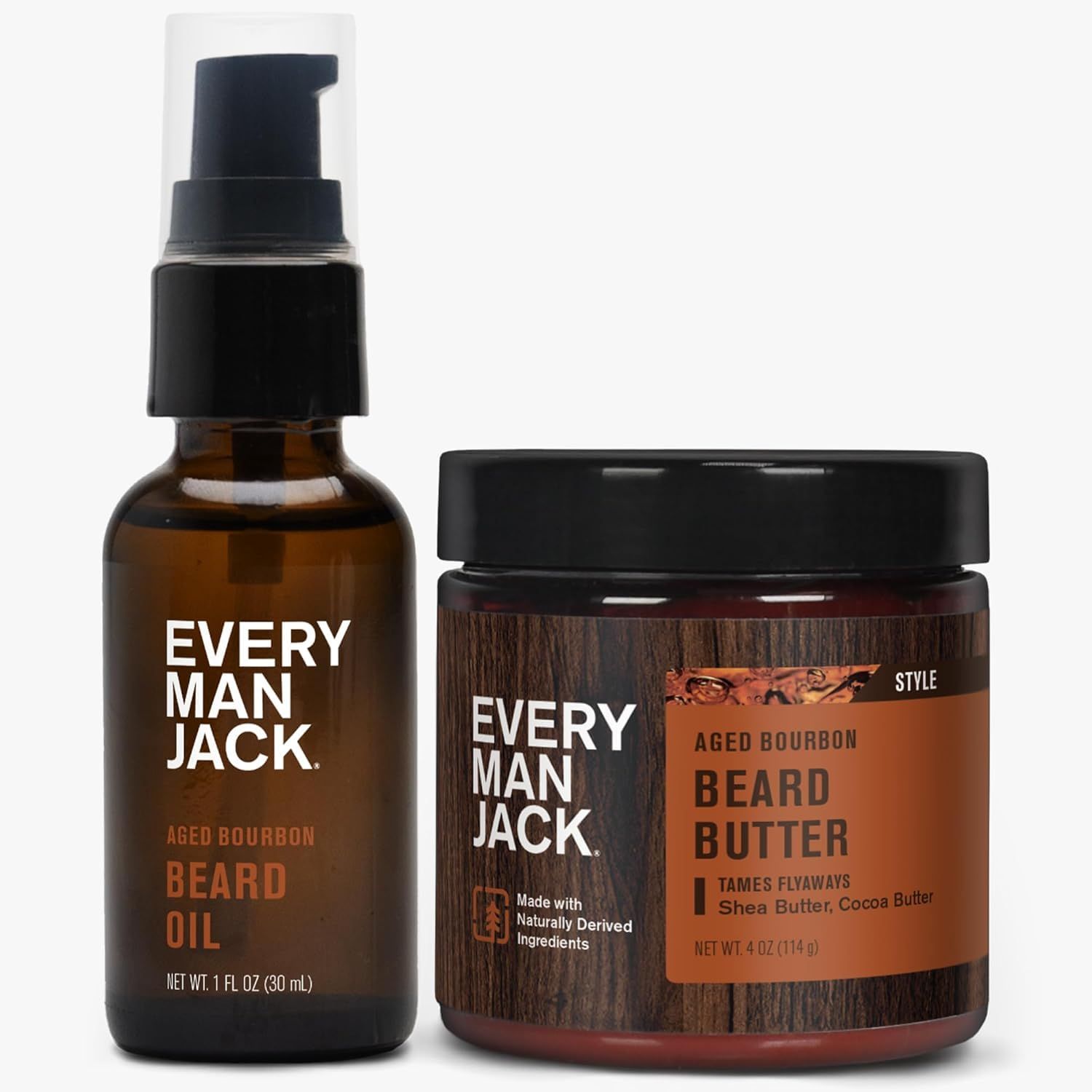 Every Man Jack Beard Oil &amp; Beard Butter Bundle - Aged Bourbon Fragrance - Rejuvenates, Hydrates &amp; Styles Dry Beards - Naturally Derived with Cocoa Butter and Shea Butter
