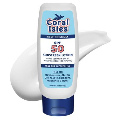 Coral Isles Sunscreen SPF 50 | Hawaii Compliant as Reef Safe | Octinoxate &amp; Oxybenzone Free | Broad Spectrum UVA/UVB Protection | Water Resistant 80 Min. | Fragrance Free | 6 Fl Oz Lotion