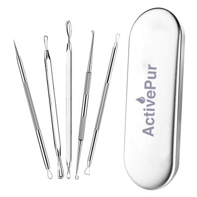 ActivePur Blackhead Remover Pimple Comedone Extractor Tool Best Acne Removal Kit for Blemish, Whitehead Popping, Zit Removing for Risk Free Nose Face Skin with Metal Case - 5 Pieces Set.