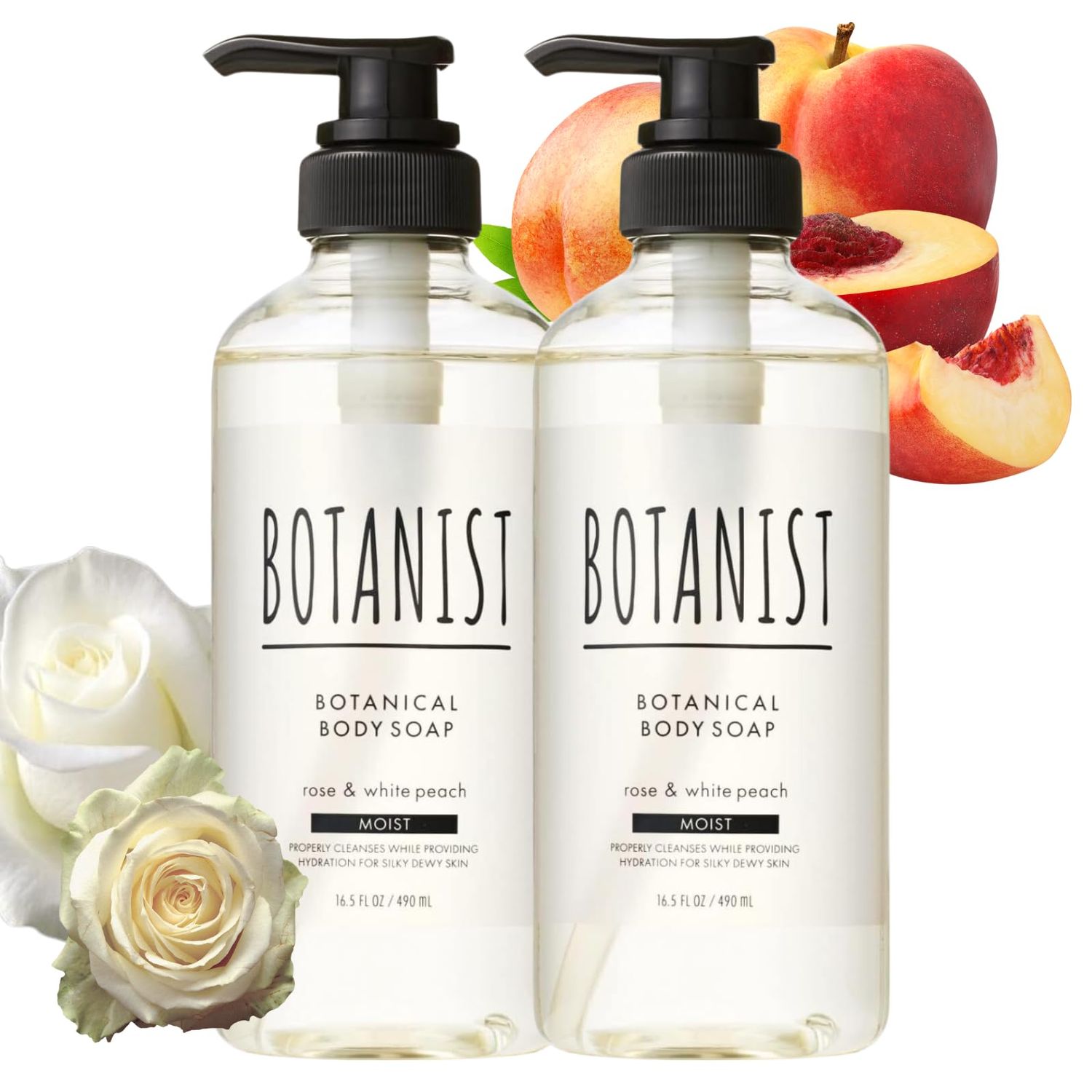 Botanist 2pk Moisturizing Body Wash/Soap Pump, Botanical Shower Gel for Sensitive Dry Skin, Natural &amp; Organic Japanese Skin Care, Rose &amp; White Peach, Moist, 16.5 Fl Oz/ 490mL
