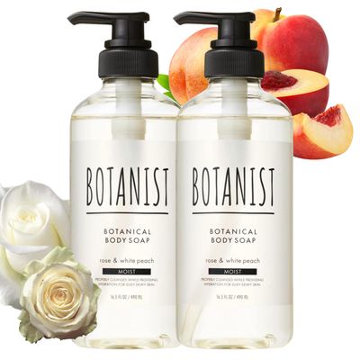 Botanist 2pk Moisturizing Body Wash/Soap Pump, Botanical Shower Gel for Sensitive Dry Skin, Natural &amp; Organic Japanese Skin Care, Rose &amp; White Peach, Moist, 16.5 Fl Oz/ 490mL