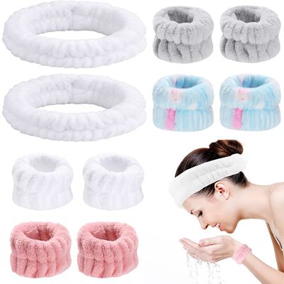 Headband Wristband Face Wash Set Microfiber Headband Wristband,Makeup Skincare Yoga Sport Prevent Liquids Spilling Down Arm(10 Pack)-Red,White,Grey,Blue