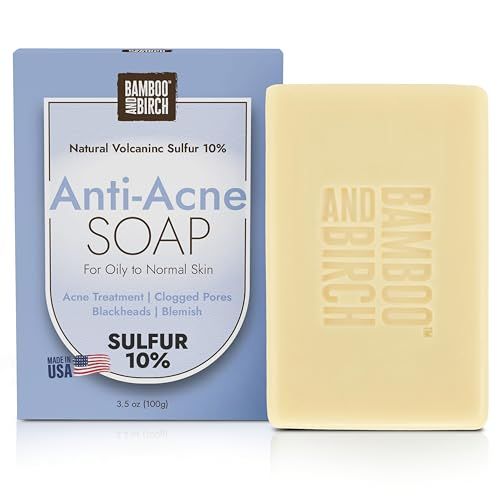 BAMBOO AND BIRCH Sulfur Soap Bar, Face and Back Acne Treatment, Sulfur 10%, 3.5 Oz Acne Soap Bar with Salicylic Acid Helps You Reduce Oil Excess and Pimples for All Skin Types