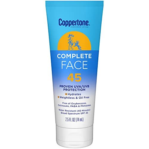Coppertone Complete Face Sunscreen Lotion SPF 45, Weightless and Oil-Free, Water Resistant Sunscreen with Proven UVA/UVB Protection, 2.5 Fl Oz Tube