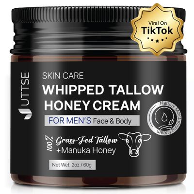 Beef Tallow and Honey Balm for Men: Grass Fed Whipped Beef Tallow With Honey - Face Body Moisturizer 2oz - Organic Unscented Fast Absorption Tallow Cream Infused with Manuka Honey Beeswax Olive Oil