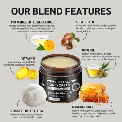 Beef Tallow and Honey Balm for Men: Grass Fed Whipped Beef Tallow With Honey - Face Body Moisturizer 2oz - Organic Unscented Fast Absorption Tallow Cream Infused with Manuka Honey Beeswax Olive Oil