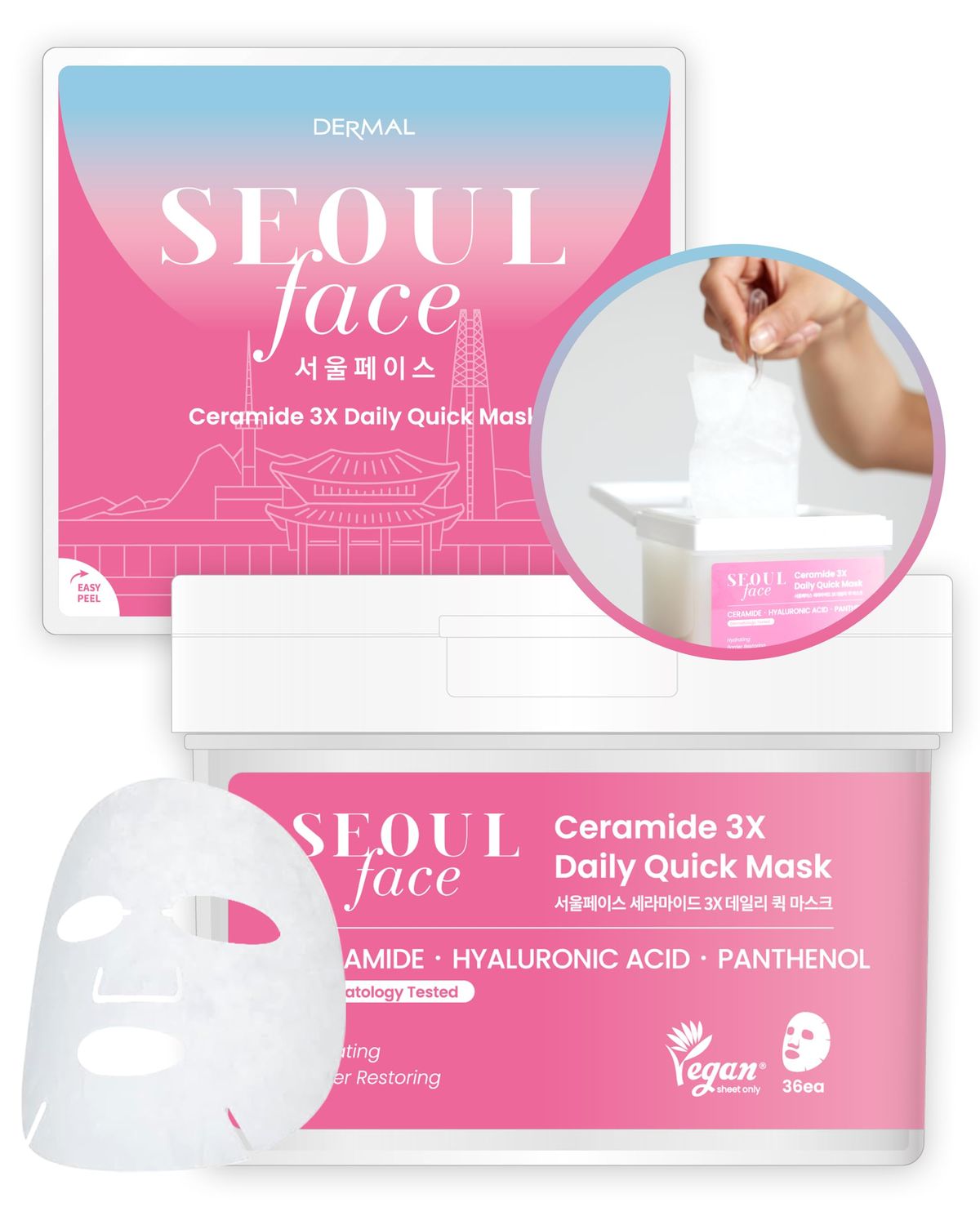 DERMAL Seoul Face Ceramide 3X Daily Quick Mask 36 Sheet - Korean Skincare Vengan Tencel Facial Masks - Intensive Moisturizing, Elasticity Mask Sheets with Hyaluronic Acid, Panthenol, Adenosine