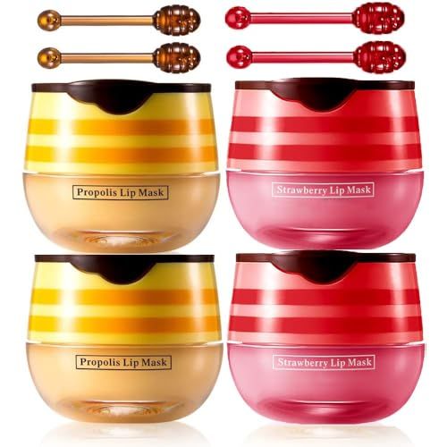 4 Pcs Lip Mask Reduces Lip Lines and Exfoliator, Prevention Dry &amp; Cracked Lip. (Honey &amp; Strawberry)