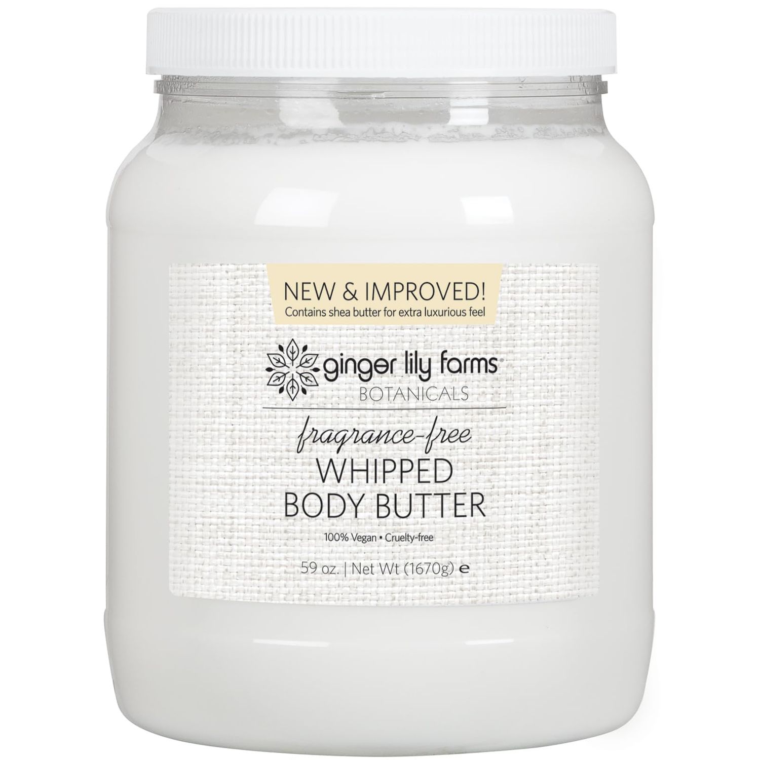 Ginger Lily Farms Botanicals Whipped Body Butter for Dry Skin, Ultra-Hydrating, 100% Vegan &amp; Cruelty-Free, Fragrance-Free, 59 Ounces