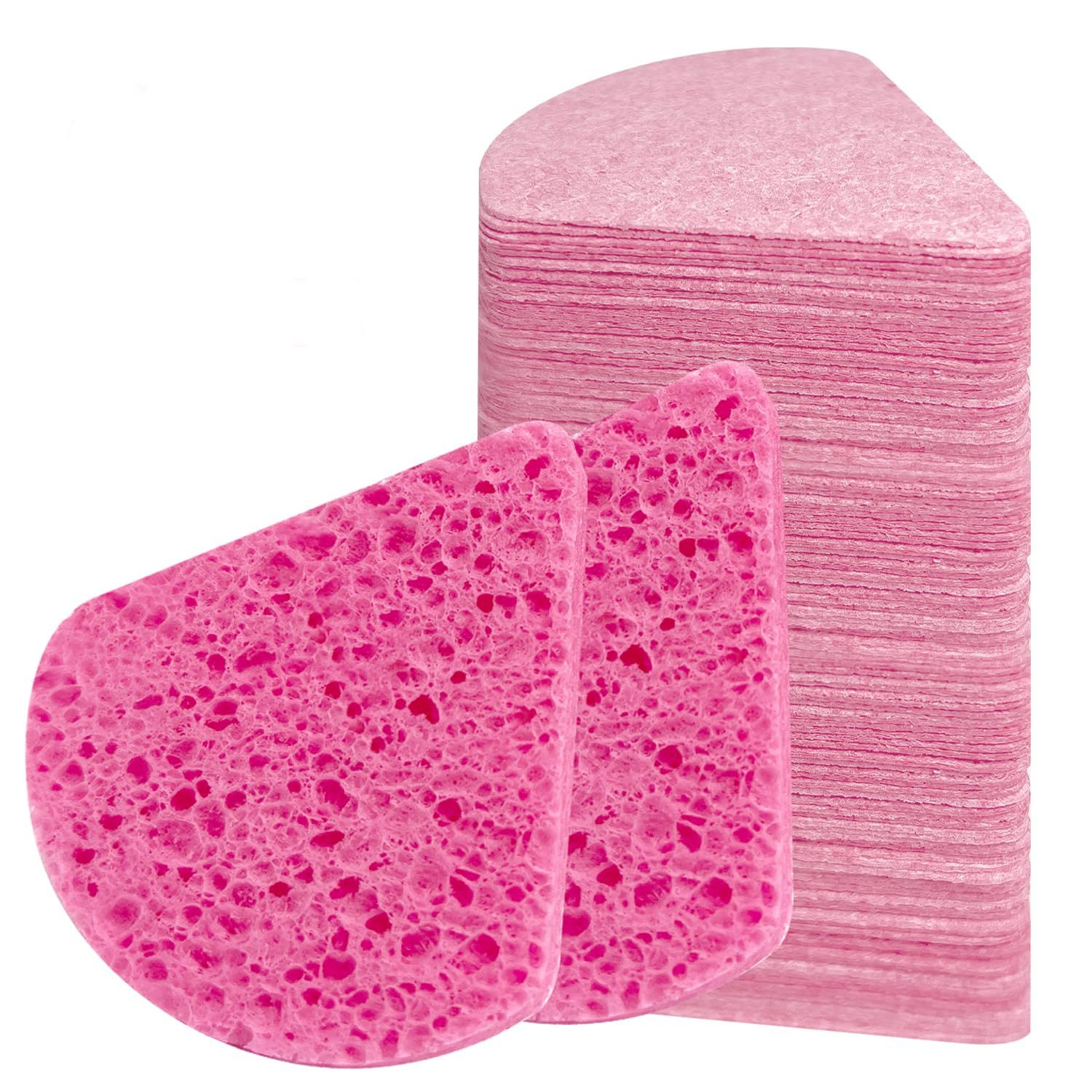 60-Count Triangle Compressed Facial Sponges, 100% Natural Cosmetic Spa Sponges for Facial Cleansing for Daily Facial Cleansing, Exfoliating Mask, Makeup Remover. Ideal for Home and Travel, Pink