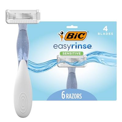 BIC EasyRinse Sensitive Anti-Clogging Women&#39;s Disposable Razors, Clinically Proven for Sensitive Skin, Shaving Razors With 4 Blades, 6 Count
