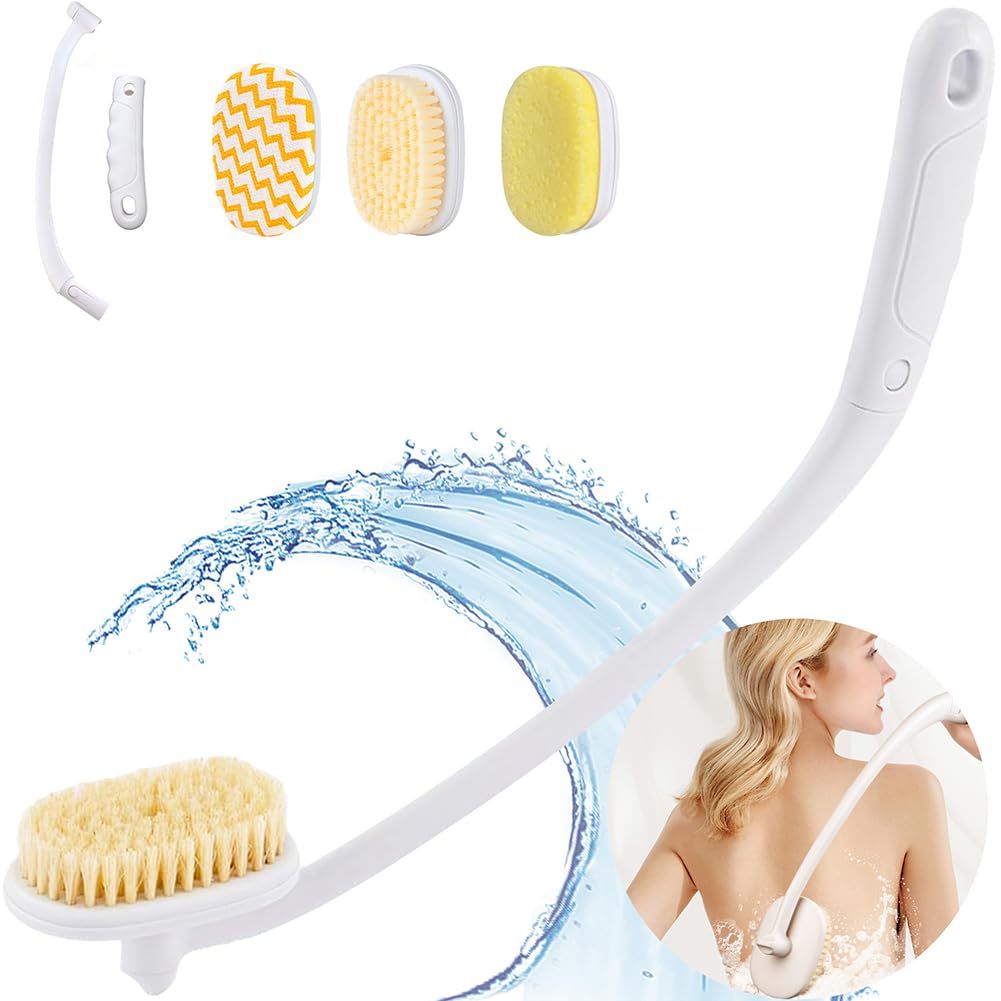 Celestite 20 Long Handle Shower Brush for Body, Back Scrubber for Shower with 3 Pcs Brush Heads, Exfoliation and Improved Skin Health Suitable for Women, Men, Elderly (White)