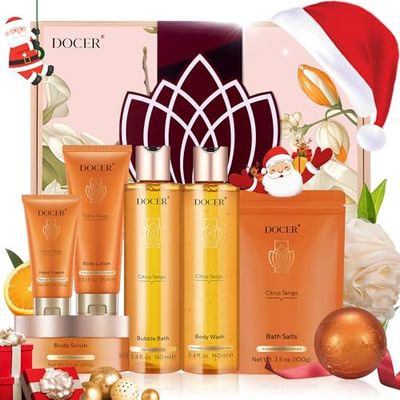 DOCER Spa Gifts for Women, Christmas Gifts for Women, Birthday Gifts for Women, Spa Gift Baskets for Women, Self Care Gifts 8 Pcs Includes Body Wash, Body Scrub, Body Lotion, Bath Bombs, Hand Cream