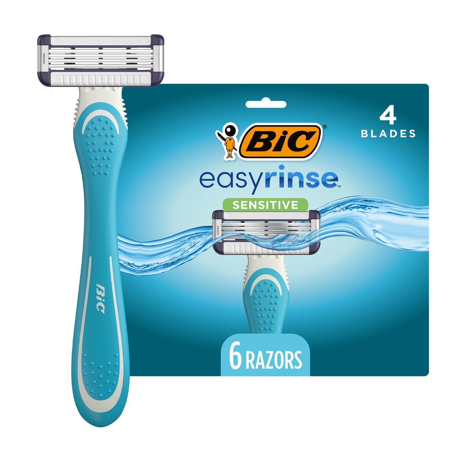 BIC EasyRinse Sensitive Anti-Clogging Men&#39;s Disposable Razors, Clinically Proven for Sensitive Skin, Shaving Razors With 4 Blades, 6 Count