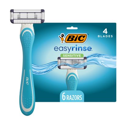 BIC EasyRinse Sensitive Anti-Clogging Men&#39;s Disposable Razors, Clinically Proven for Sensitive Skin, Shaving Razors With 4 Blades, 6 Count
