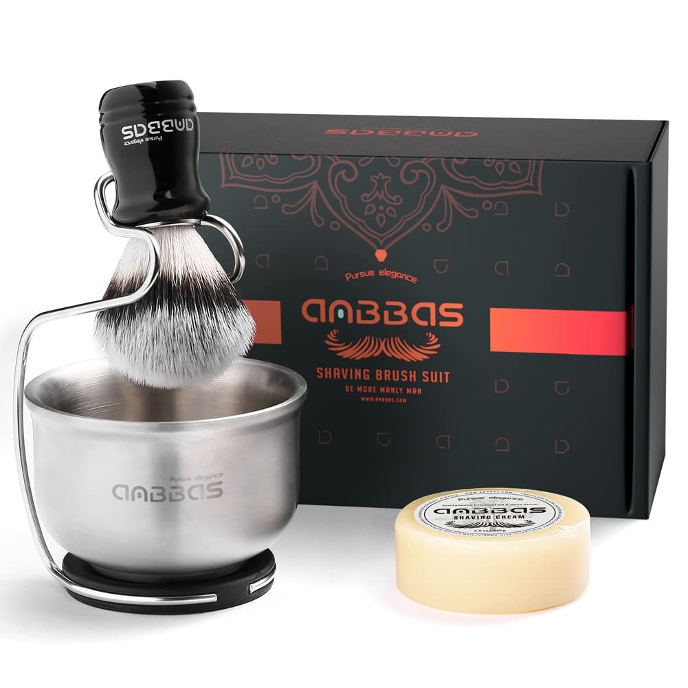 Anbbas Synthetic Badger Shaving Brush Set, 4in1 Shaving Kit with Stainless Steel Shaving Stand and Lathering Foam Bowl, 3.5 oz Natural Shaving Soap Puck Refill for Men Wet Close Shave