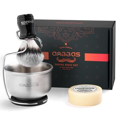 Anbbas Synthetic Badger Shaving Brush Set, 4in1 Shaving Kit with Stainless Steel Shaving Stand and Lathering Foam Bowl, 3.5 oz Natural Shaving Soap Puck Refill for Men Wet Close Shave