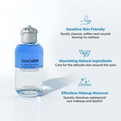 BIOCHEM Bi-Phase Eye &amp; Lip Makeup Remover - 4.06 fl. oz / 120 ml, Gentle Cleanser for Waterproof Makeup with Natural Ingredients