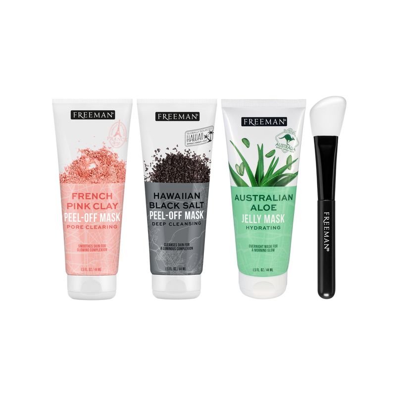 Freeman Exotic Blends Facial Mask 4 Piece Set, Peel-Off &amp; Jelly Masks, Cleansing, Pore-Clearing &amp; Hydrating Facial Masks, For All Skin Types, Includes Silicone Mask Brush, Vegan &amp; Cruelty-Free