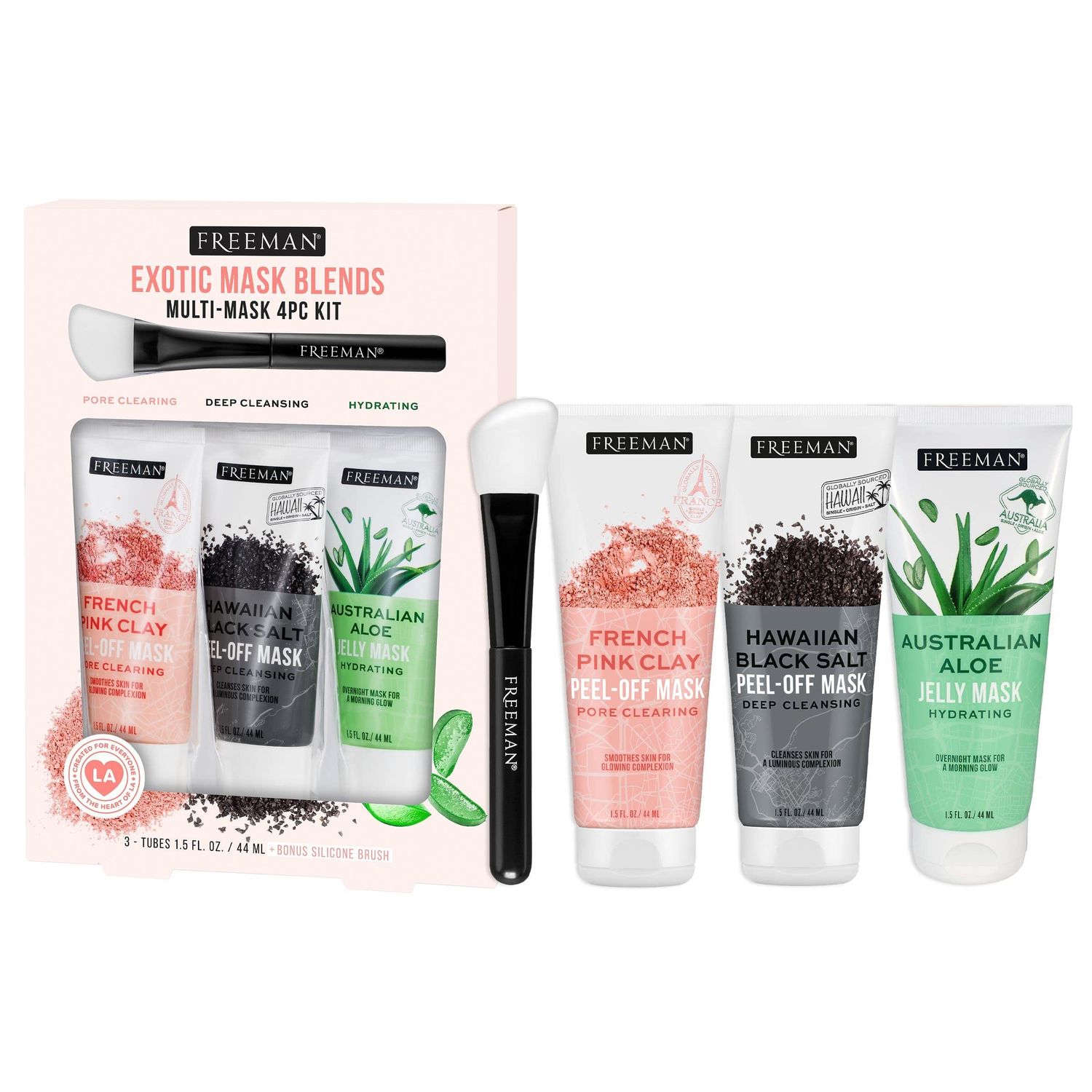Freeman Exotic Blends Facial Mask 4 Piece Set, Peel-Off &amp; Jelly Masks, Cleansing, Pore-Clearing &amp; Hydrating Facial Masks, For All Skin Types, Includes Silicone Mask Brush, Vegan &amp; Cruelty-Free