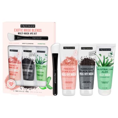 Freeman Exotic Blends Facial Mask 4 Piece Set, Peel-Off &amp; Jelly Masks, Cleansing, Pore-Clearing &amp; Hydrating Facial Masks, For All Skin Types, Includes Silicone Mask Brush, Vegan &amp; Cruelty-Free