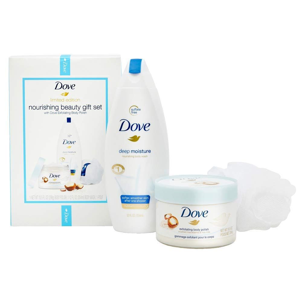Dove Limited Edition Beauty Gift Set Exfoliating Body Polish and Moisturizing Body Wash with FREE Body Pouf Macadamia, Rice Milk