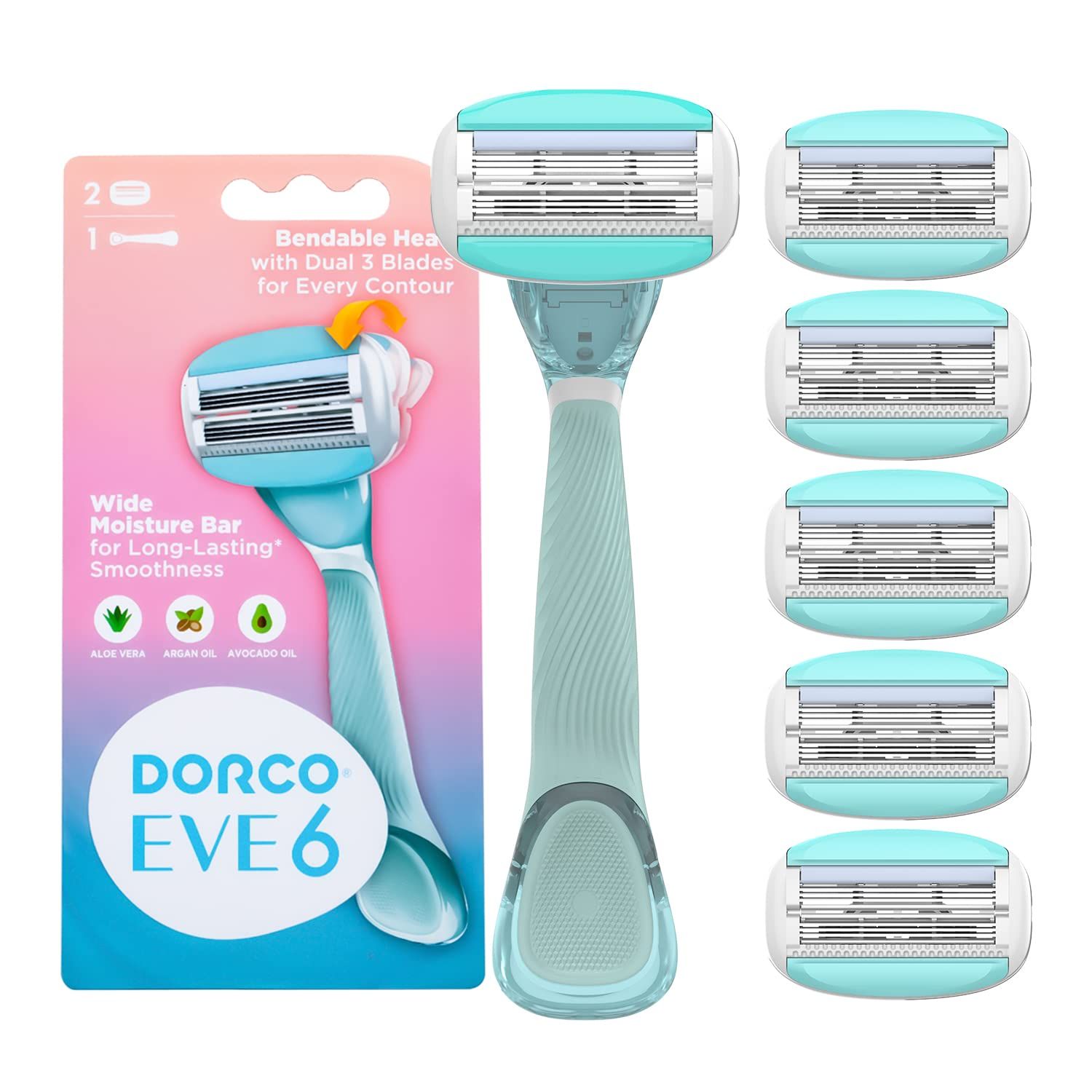 Dorco EVE6 Smooth Touch Razor for Women, Includes 1 Razor Handle and 6 Long-Lasting Razor Blade Refills| 1 Handle + 6 Cartridges (Handle + 6 Refills)