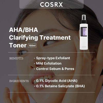 COSRX AHA/BHA Treatment Toner 5.07 fl.oz/ 150ml, Facial Exfoliating Spray for Whiteheads, Pores, &amp; Uneven Skin, Korean Toner, Not Tested on Animals, No Parabens, No Sulfates, Korean Skin Care