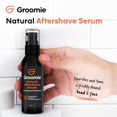 Groomie Natural Aftershave Serum for Bald Men - Mens Skin Care and After Shave for Head, Neck, Face & Chin - Soothing Balm to Tend Skin and Prevent Bumps and Razor Burn After Hair Removal - 1 OZ