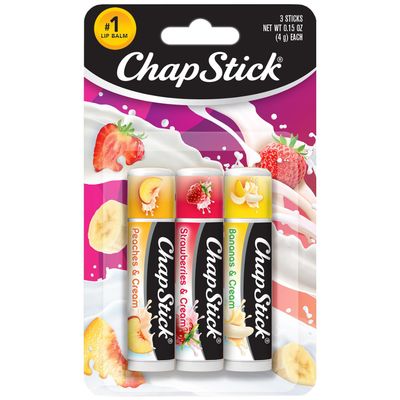 ChapStick Lip Balm, Fruit &amp; Cream Collection 3-Pack - Peaches &amp; Cream, Strawberries &amp; Cream, and Bananas &amp; Cream, 0.15 Oz Ea
